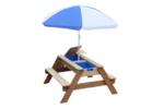 שולחן פיקניק מעץ מלא עם מיכלים ומשמשת צבעונית