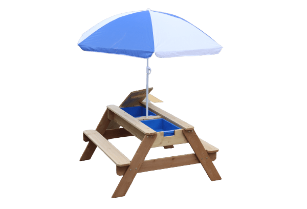 שולחן פיקניק מעץ מלא עם מיכלים ומשמשת צבעונית