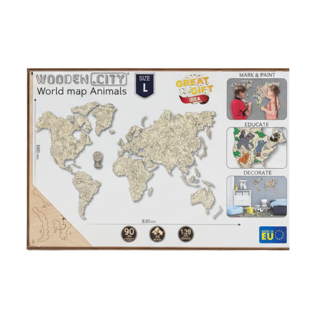 a2 מפת העולם על הקיר מעץ לילדים - חיות וצביעה – תמונה 1